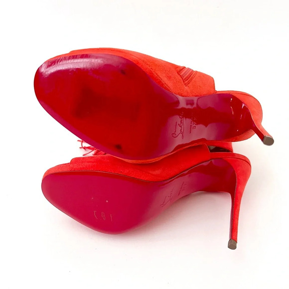 CHRISTIAN LOUBOUTIN || Fringe Peep Tassel Heels Otoka 120 Coral Suede US 7.5 - Picture 10 of 14
